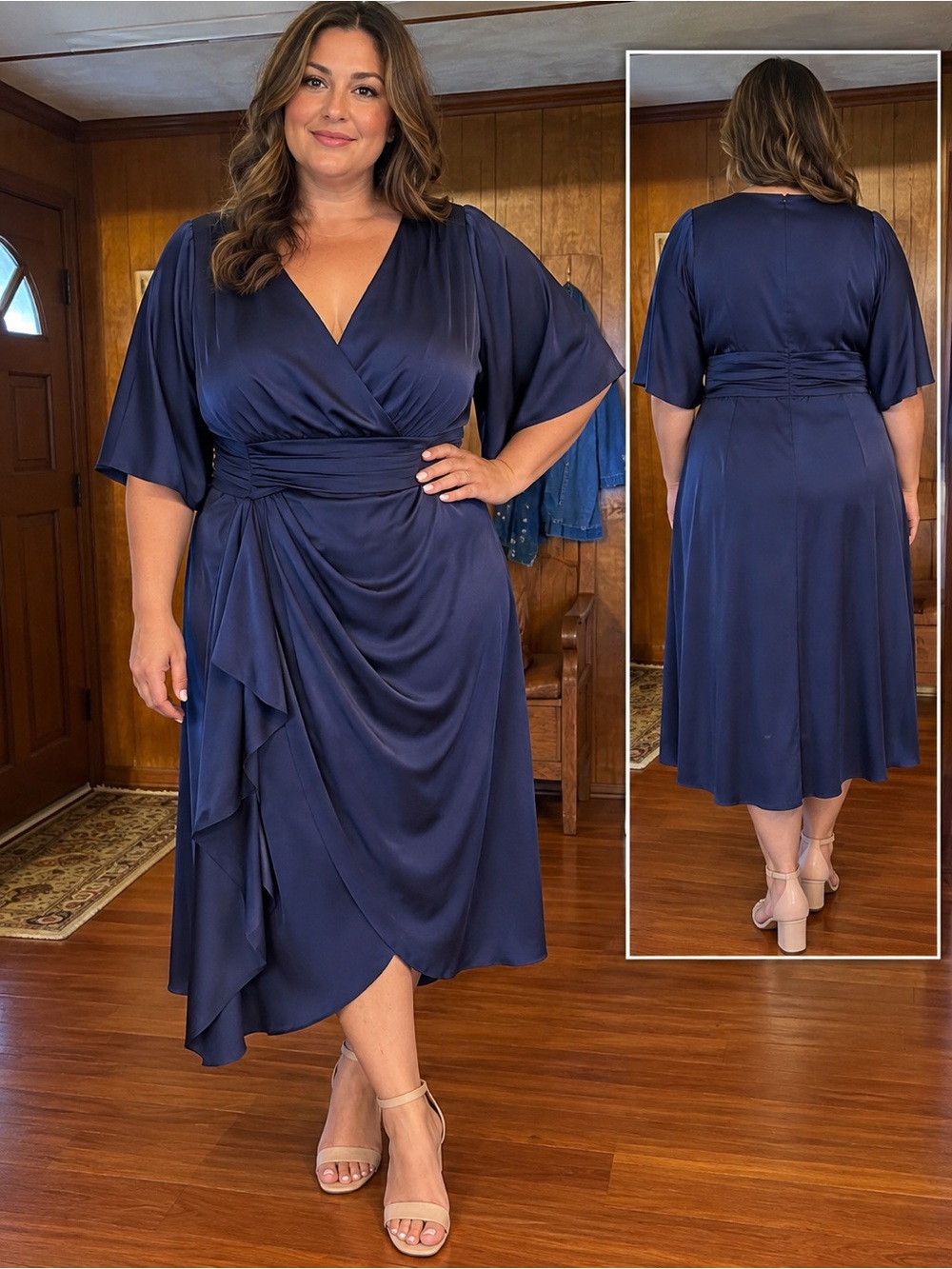 Theia Navy Wrap Midi Dress with Draped Ruching
